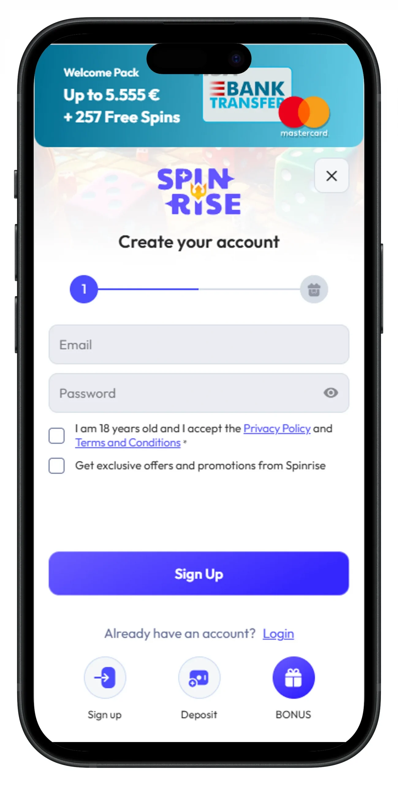 Spinrise Casino: Registrieren über Mobilgerät